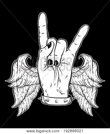 Vector hand drawn illustration of rock hand with wings. Tattoo artwork. Template for card poster bunner print for t-shirt.