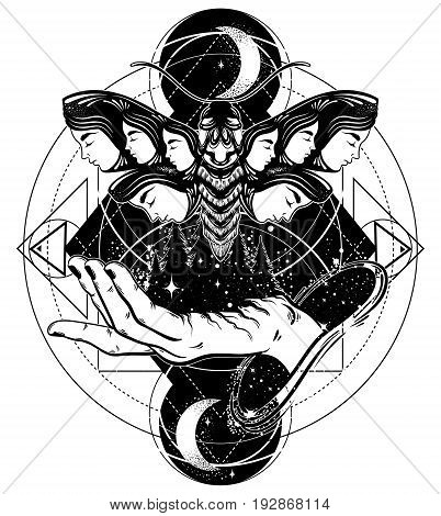 Vector hand drawn illustration of moth with female faces on the wings. Fantasy occultism tattoo art. Template for card poster banner print for t-shirt.