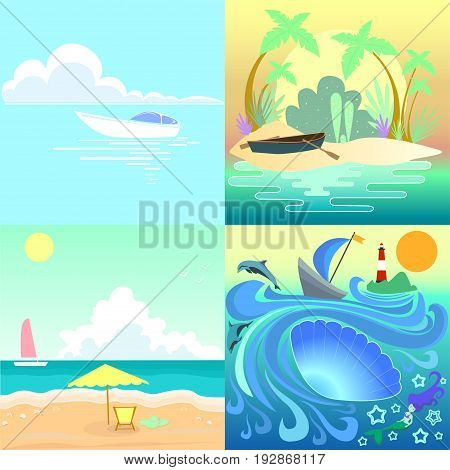 Set tropical seascape with boats beach.Collection vector illustration seascape painting summer sunny day.Holiday islands colors summer time.Beautiful view ocean emerald waves yacht paradise coast.