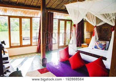 Bali Interior of luxury tropical bedroom Indonesia