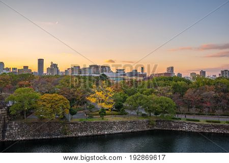 OsakaJapan - November 28 2015 : Japan cityscape at Osaka in autumn looking from Osaka castle in Osaka Japan.