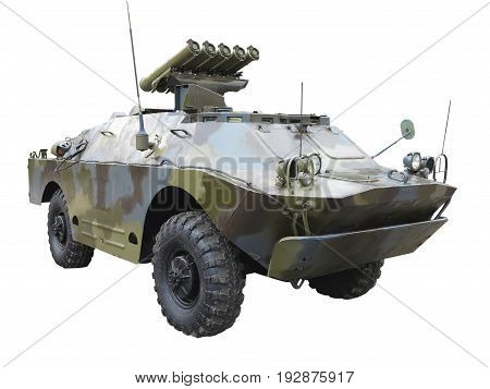 Old russian green mobile antitank missile system isolated over white