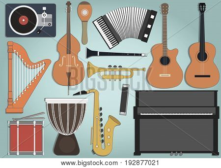 isolated music instruments in different style collection vector