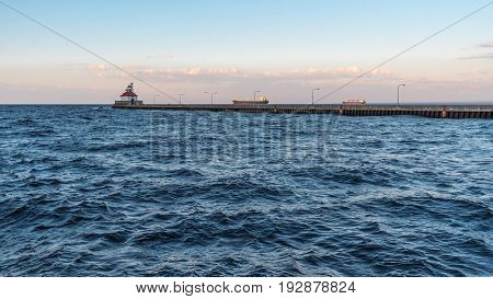 Lighthouse and Ships in Canal Park in Duluth Minnesota