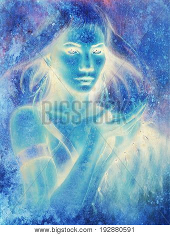 Goddess woman and abstract background.. Painting and graphic design. Winter effect