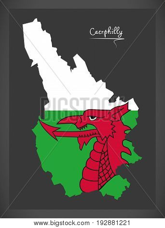 Caerphilly Wales Map With Welsh National Flag Illustration