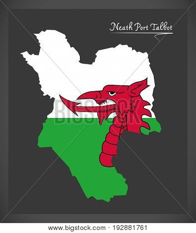 Neath Port Talbot Wales Map With Welsh National Flag Illustration