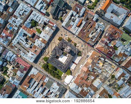 Snapshot of Lviv made by drones from the air. The nadir frame. June 2017. Square market, city center.