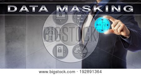 Blue chip information security manager is obfuscating a virtual data stack. Information technology concept for DATA MASKING data obfuscation protection of personal sensitive or identifiable data.