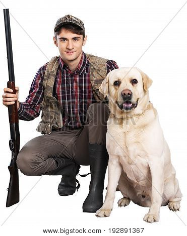 Male hunter rifle background shooting isolated person