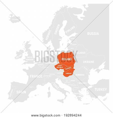 Visegrad Four map states highlighted by orange in map of Europe. White country name labels and isolated on white background. Vector illustration.