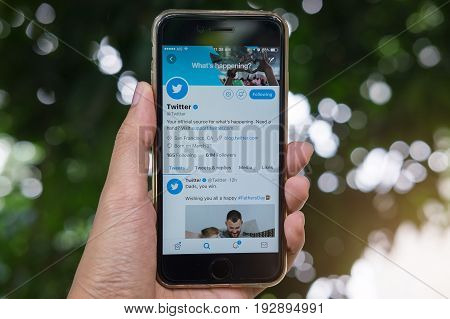 Chiang Mai, Thailand - June 19, 2017: Person Holding A Brand Apple Iphone With Twitter Logo On The S