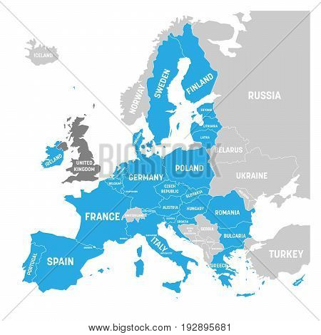Map of Europe with blue highlighted EU member states and United Kingdom in different color. Vector illustration. Simplified map of European Union.
