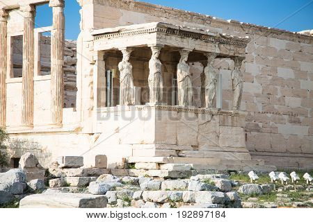 Erechtheion with Porch of the Caryatids Acropolis Athens Greece. Ancient ruins Architecture.