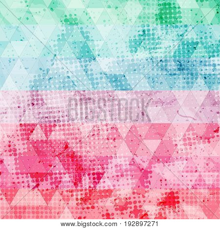 Vector vintage vivid scratched pattern with halftone dotts and triangles. Shabby geometric background