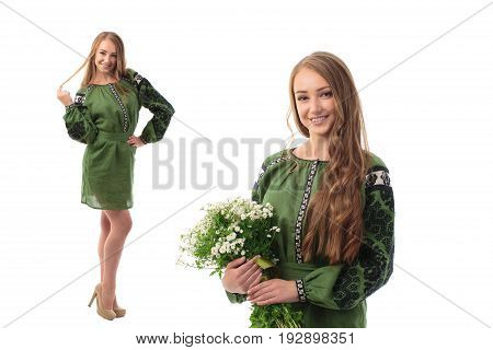 Pretty Ukrainian woman with gum of cornflowers isolated over white background