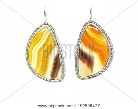 orange carnelian mineral earrings isolated on white backgroud