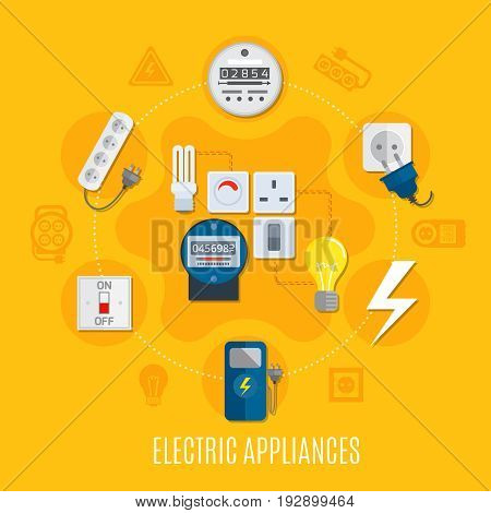 Electric appliances round design with gauges, bulbs, switch, plug socket,  extension cable on yellow background vector illustration