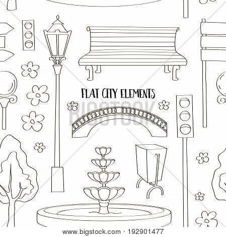 City street urban elements icon set pattern. Lights and outdoor elements for construction of city, park and outdoor landscapes.