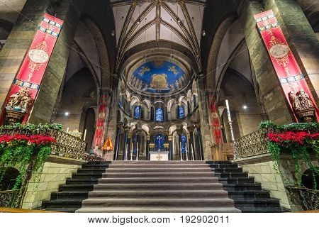 MAASTRICHT NETHERLANDS - JANUARY 13 2016: Interior of Basilica of Our Lady of the Assumption. The oldest church of the Netherlands. Construction started shortly after 1000 AD.