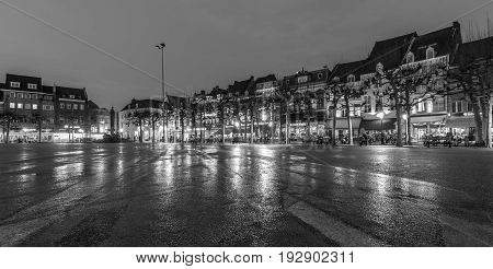 MAASTRICHT NETHERLANDS - JANUARY 13 2016: Evening Maastricht. The historic center Vrijthof. Maastricht is the oldest city of the Netherlands and the capital city of the province of Limburg.