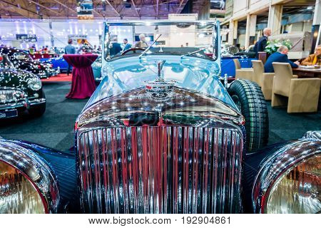 MAASTRICHT NETHERLANDS - JANUARY 14 2016: Detail of retro car Bentley 4 1/4 Litre 1937. International Exhibition InterClassics & Topmobiel 2016