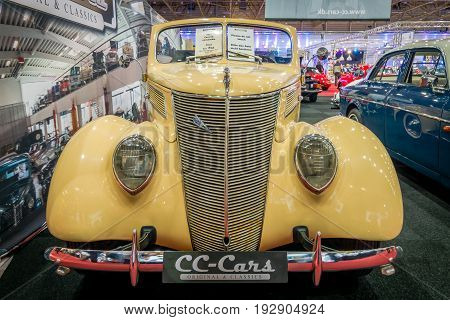 MAASTRICHT NETHERLANDS - JANUARY 14 2016: Full-size car Ford V8 convertible 1937. International Exhibition InterClassics & Topmobiel 2016