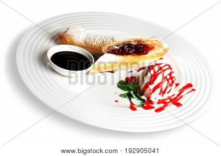 Pastry cream ice souce red white background