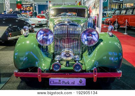 MAASTRICHT NETHERLANDS - JANUARY 14 2016: Vintage car Bentley 4.25 Litre Sports Saloon by Park Ward 1938. International Exhibition InterClassics & Topmobiel 2016
