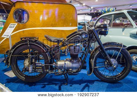MAASTRICHT NETHERLANDS - JANUARY 14 2016: Motorcycle BMW R25 1950. International Exhibition InterClassics & Topmobiel 2016
