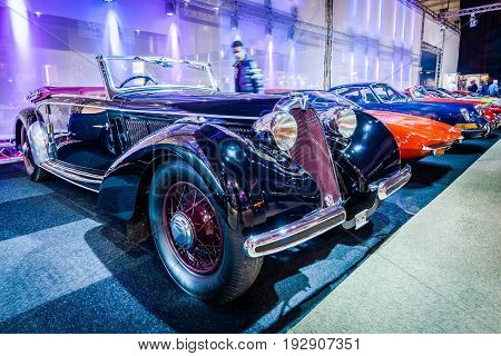 MAASTRICHT NETHERLANDS - JANUARY 14 2016: Vintage car Talbot-Lago Major 4 litres convertible. International Exhibition InterClassics & Topmobiel 2016