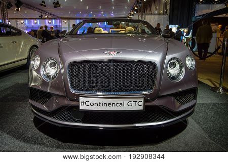 MAASTRICHT NETHERLANDS - JANUARY 14 2016: Luxury car Bentley Continental GTC V8S since 2016. International Exhibition InterClassics & Topmobiel 2016