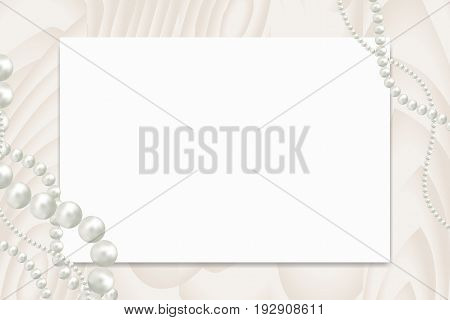Blank paper with empty tag for your text and white pearl beads garland on wooden table top view. Can be used as mockup
