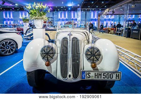 MAASTRICHT NETHERLANDS - JANUARY 14 2016: Racing car BMW 328 1938. International Exhibition InterClassics & Topmobiel 2016