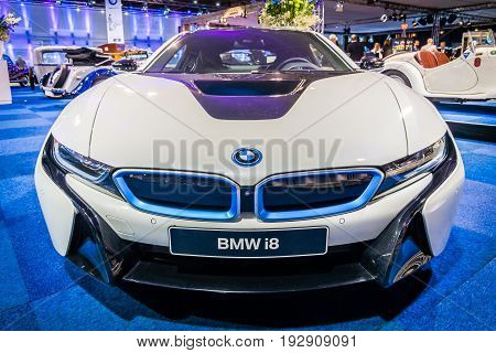MAASTRICHT NETHERLANDS - JANUARY 14 2016: Plug-in hybrid sports car BMW i8. International Exhibition InterClassics & Topmobiel 2016