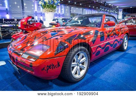 MAASTRICHT NETHERLANDS - JANUARY 14 2016: Compact luxury sports car BMW Z1 1990. International Exhibition InterClassics & Topmobiel 2016