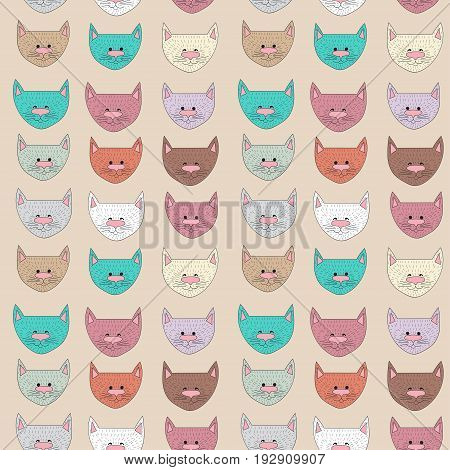 Seamless pattern of cute cartoon smiling cats in different colors. Cat's heads childish background