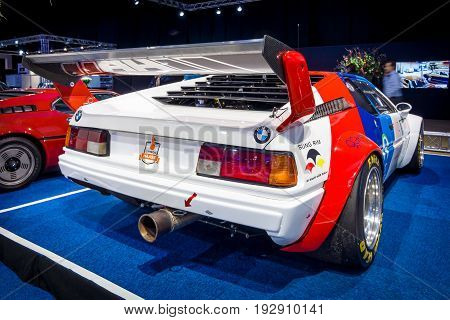 MAASTRICHT NETHERLANDS - JANUARY 14 2016: Sports car BMW M1 Procar (racing version of the BMW M1) 1980. Rear view. International Exhibition InterClassics & Topmobiel 2016