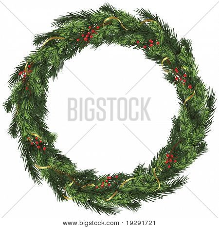 พวงหรีดเวกเตอร์สมจริงกับริบบิ้นทองแดงครบในสาขาเอเวอร์กรีน