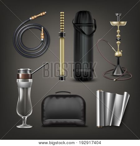 Vector set of hookah stuff big nargile, e-hookah, hurricane glass, coiled hose, carrying bag, case and foil isolated on dark background