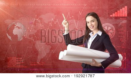 Building, Developing, Consrtuction And Architecture Concept - Smiling Woman In Suit With Blueprint A