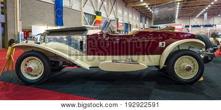 MAASTRICHT NETHERLANDS - JANUARY 14 2016: The luxury car Rolls-Royce Phantom I Boat-tail Tourer 1928. International Exhibition InterClassics & Topmobiel 2016