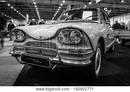 MAASTRICHT NETHERLANDS - JANUARY 14 2016: Supermini Citroen Ami 8 Club 1969. Black and white. International Exhibition InterClassics & Topmobiel 2016