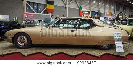 MAASTRICHT NETHERLANDS - JANUARY 14 2016: Grand tourer car Citroen SM 1972. International Exhibition InterClassics & Topmobiel 2016