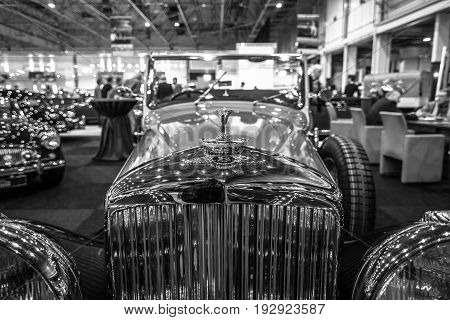 MAASTRICHT NETHERLANDS - JANUARY 14 2016: Detail of retro car Bentley 4 1/4 Litre 1937. Black and white. International Exhibition InterClassics & Topmobiel 2016