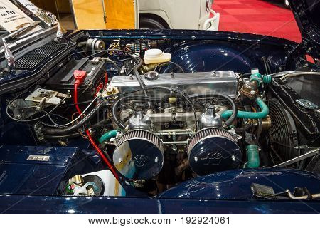 MAASTRICHT NETHERLANDS - JANUARY 14 2016: Engine of the British sports car Triumph TR6 1976. International Exhibition InterClassics & Topmobiel 2016