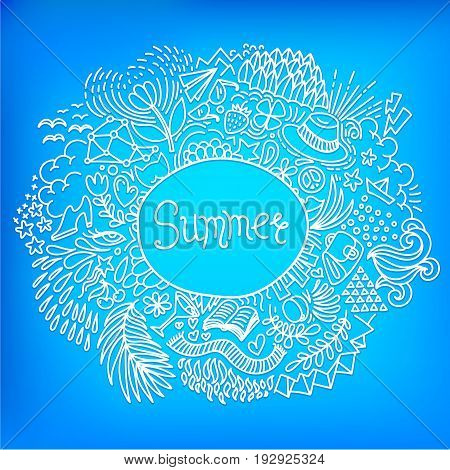 Summer. Round shape doodle frame made of abstract freehand ornament on a bright blue background. Vector illustration