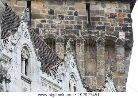 Elements of the castle architecture and the church of the eclectic Vajdahunyad in Budaplast in Hungary