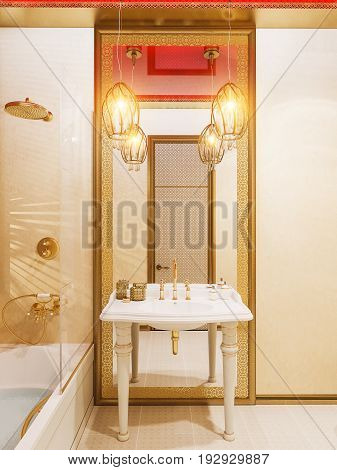 3d illustration, interior design bathroom of a hotel room in a traditional Islamic style. Beautiful deluxe room Ramdan Kareem background interior view decorated with Islamic motifs.