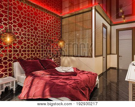 3d illustration, interior design of a hotel room in a traditional Islamic style. Beautiful deluxe room Ramdan Kareem background interior view decorated with Islamic motifs.